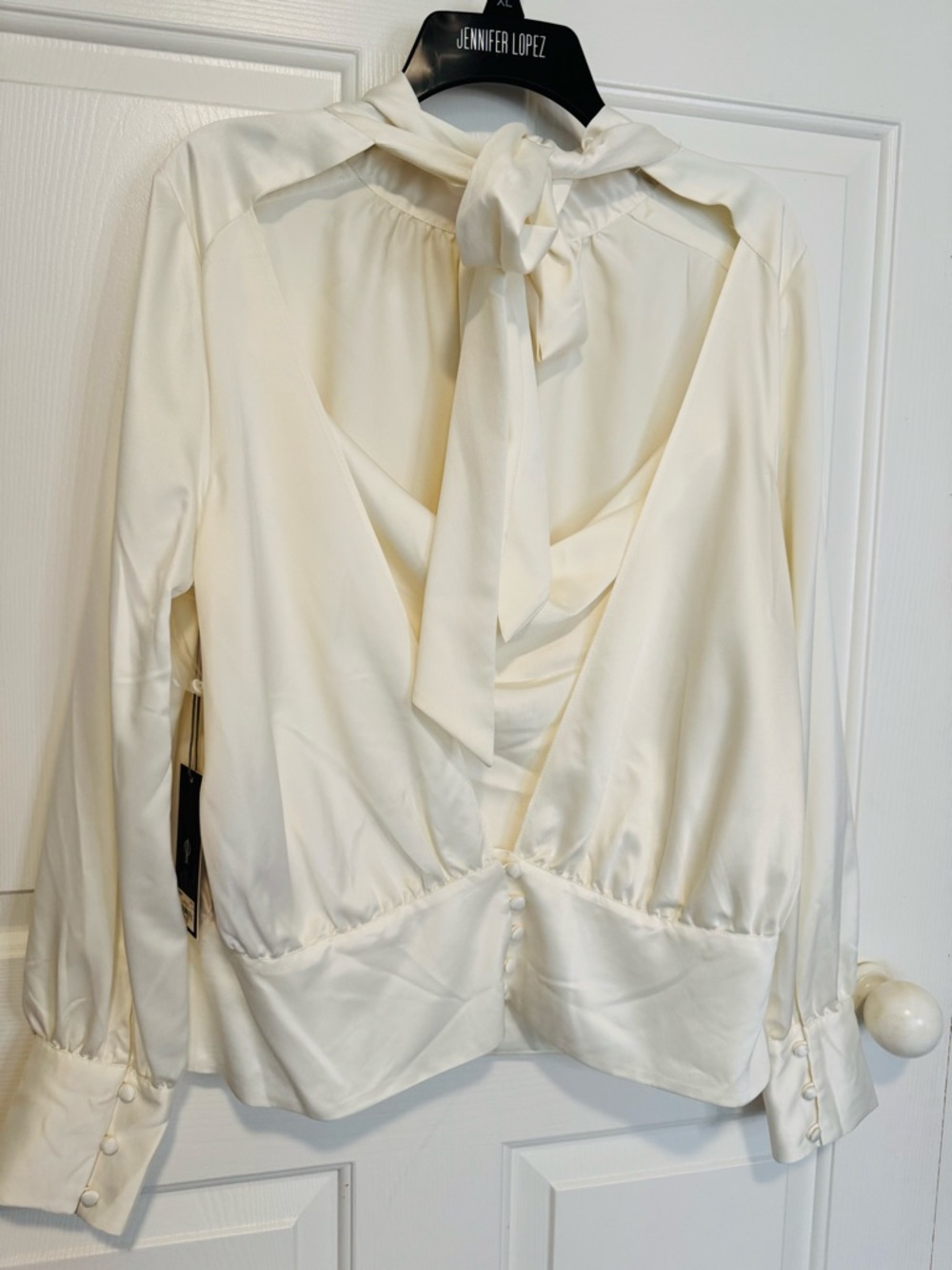 Jennifer Lopez Cream Satin Tie-Neck Open-Back Blouse